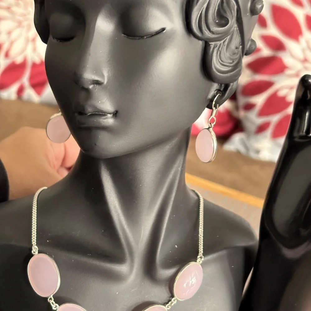 Pink stone necklace and earrings set #PinkJewels Pink stone silver chain